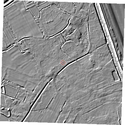 Shaded relief map of the ground around LN122PW, computed from Environment Agency LiDAR. The ground here sits at about 2 m above sea level and falls 9 m across the surrounding 800 m. Surface water reaching this point runs off ground lying to the north-east, 0.6 m higher.