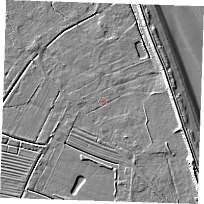 Shaded relief map of the ground around LN122PX, computed from Environment Agency LiDAR. The ground here sits at about 2 m above sea level and falls 11 m across the surrounding 800 m. Surface water reaching this point runs off ground lying to the east-south-east, 6.3 m higher.