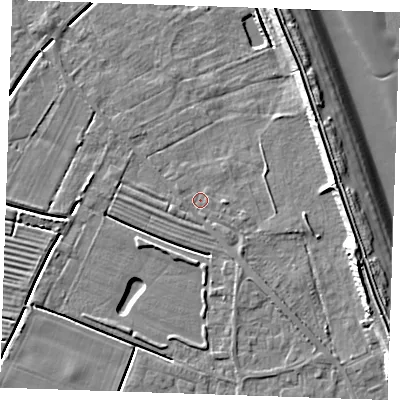 Shaded relief map of the ground around LN122PY, computed from Environment Agency LiDAR. The ground here sits at about 2 m above sea level and falls 11 m across the surrounding 800 m. Surface water reaching this point runs off ground lying to the east-south-east, 7.7 m higher.