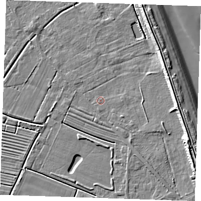 Shaded relief map of the ground around LN122PZ, computed from Environment Agency LiDAR. The ground here sits at about 2 m above sea level and falls 11 m across the surrounding 800 m. Surface water reaching this point runs off ground lying to the east-south-east, 7.7 m higher.