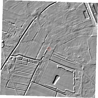 Shaded relief map of the ground around LN122QA, computed from Environment Agency LiDAR. The ground here sits at about 2 m above sea level and falls 8 m across the surrounding 800 m. Surface water reaching this point runs off ground lying to the west-south-west, 3.1 m higher.