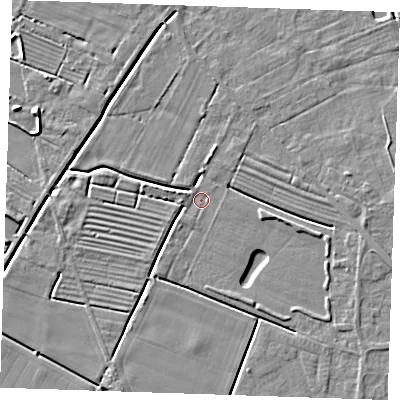 Shaded relief map of the ground around LN122QB, computed from Environment Agency LiDAR. The ground here sits at about 2 m above sea level and falls 4 m across the surrounding 800 m. Surface water reaching this point runs off ground lying to the west, 3.1 m higher.