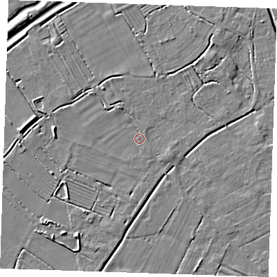 Shaded relief map of the ground around LN122QD, computed from Environment Agency LiDAR. The ground here sits at about 2 m above sea level and falls 7 m across the surrounding 800 m. Surface water reaching this point runs off ground lying to the west, 5.8 m higher.