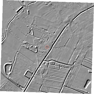 Shaded relief map of the ground around LN122QE, computed from Environment Agency LiDAR. The ground here sits at about 2 m above sea level and falls 6 m across the surrounding 800 m. Surface water reaching this point runs off ground lying to the south-south-west, 0.8 m higher.