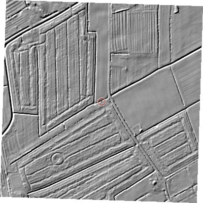 Shaded relief map of the ground around LN122QF, computed from Environment Agency LiDAR. The ground here sits at about 1 m above sea level and falls 4 m across the surrounding 800 m. Surface water reaching this point runs off ground lying to the south-west, 2.5 m higher.