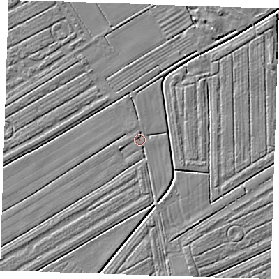 Shaded relief map of the ground around LN122QH, computed from Environment Agency LiDAR. The ground here sits at about 2 m above sea level and falls 4 m across the surrounding 800 m. Surface water reaching this point runs off ground lying to the west-south-west, 2.0 m higher.