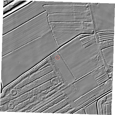 Shaded relief map of the ground around LN122QJ, computed from Environment Agency LiDAR. The ground here sits at about 1 m above sea level and falls 4 m across the surrounding 800 m. Surface water reaching this point runs off ground lying to the east, 2.0 m higher.