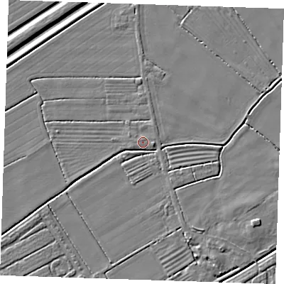 Shaded relief map of the ground around LN122QN, computed from Environment Agency LiDAR. The ground here sits at about 2 m above sea level and falls 5 m across the surrounding 800 m. Surface water reaching this point runs off ground lying to the south-east, 3.8 m higher.