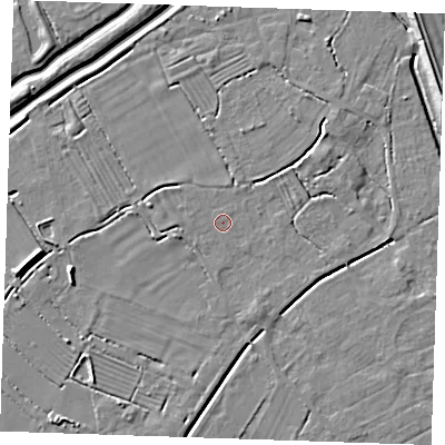 Shaded relief map of the ground around LN122QP, computed from Environment Agency LiDAR. The ground here sits at about 2 m above sea level and falls 8 m across the surrounding 800 m. Surface water reaching this point runs off ground lying to the west-south-west, 1.6 m higher.