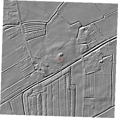 Shaded relief map of the ground around LN122QQ, computed from Environment Agency LiDAR. The ground here sits at about 3 m above sea level and falls 5 m across the surrounding 800 m. The ground contributing surface water to this point lies to the west-north-west.
