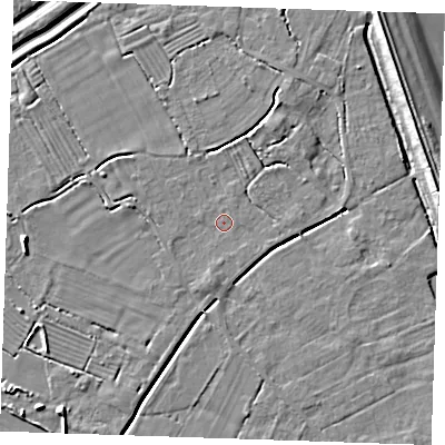 Shaded relief map of the ground around LN122QR, computed from Environment Agency LiDAR. The ground here sits at about 2 m above sea level and falls 8 m across the surrounding 800 m. Surface water reaching this point runs off ground lying to the west, 2.8 m higher.