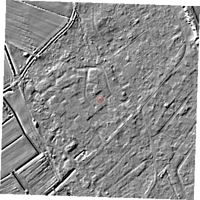Shaded relief map of the ground around LN122QU, computed from Environment Agency LiDAR. The ground here sits at about 2 m above sea level and falls 8 m across the surrounding 800 m. Surface water reaching this point runs off ground lying to the west, 1.1 m higher.