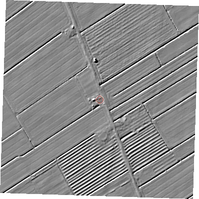 Shaded relief map of the ground around LN122QW, computed from Environment Agency LiDAR. The ground here sits at about 2 m above sea level and falls 5 m across the surrounding 800 m. Surface water reaching this point runs off ground lying to the south-east, 0.7 m higher.