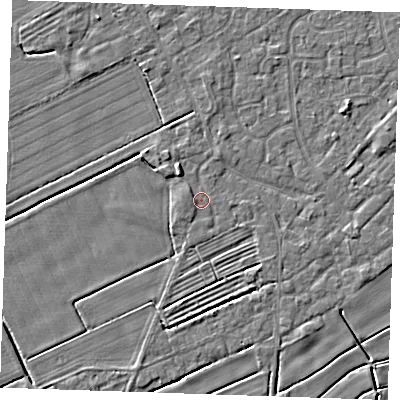Shaded relief map of the ground around LN122QX, computed from Environment Agency LiDAR. The ground here sits at about 2 m above sea level and falls 3 m across the surrounding 800 m. Surface water reaching this point runs off ground lying to the north-west, 1.6 m higher.