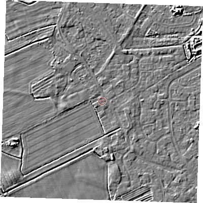 Shaded relief map of the ground around LN122QY, computed from Environment Agency LiDAR. The ground here sits at about 2 m above sea level and falls 6 m across the surrounding 800 m. Surface water reaching this point runs off ground lying to the south-west, 0.6 m higher.
