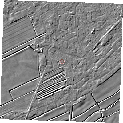 Shaded relief map of the ground around LN122QZ, computed from Environment Agency LiDAR. The ground here sits at about 3 m above sea level and falls 3 m across the surrounding 800 m. The ground contributing surface water to this point lies to the north-north-east.