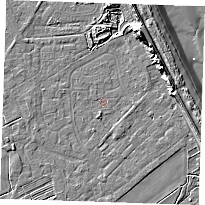 Shaded relief map of the ground around LN122RB, computed from Environment Agency LiDAR. The ground here sits at about 2 m above sea level and falls 15 m across the surrounding 800 m. Surface water reaching this point runs off ground lying to the south-south-west, 1.6 m higher.