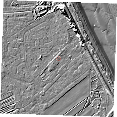 Shaded relief map of the ground around LN122RD, computed from Environment Agency LiDAR. The ground here sits at about 2 m above sea level and falls 15 m across the surrounding 800 m. Surface water reaching this point runs off ground lying to the east, 1.4 m higher.