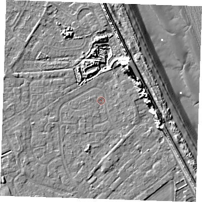Shaded relief map of the ground around LN122RF, computed from Environment Agency LiDAR. The ground here sits at about 2 m above sea level and falls 15 m across the surrounding 800 m. Surface water reaching this point runs off ground lying to the east, 8.9 m higher.