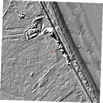 Shaded relief map of the ground around LN122RH, computed from Environment Agency LiDAR. The ground here sits at about 3 m above sea level and falls 15 m across the surrounding 800 m. Surface water reaching this point runs off ground lying to the east, 1.0 m higher.