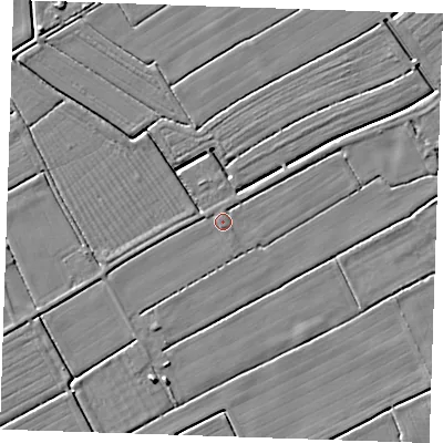 Shaded relief map of the ground around LN122RL, computed from Environment Agency LiDAR. The ground here sits at about 2 m above sea level and falls 5 m across the surrounding 800 m. Surface water reaching this point runs off ground lying to the south-south-west, 1.7 m higher.