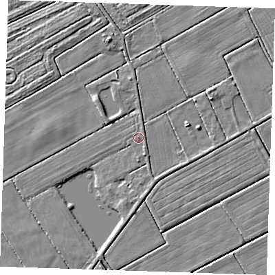 Shaded relief map of the ground around LN122RN, computed from Environment Agency LiDAR. The ground here sits at about 2 m above sea level and falls 4 m across the surrounding 800 m. Surface water reaching this point runs off ground lying to the north, 1.2 m higher.