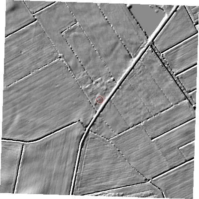 Shaded relief map of the ground around LN122RP, computed from Environment Agency LiDAR. The ground here sits at about 2 m above sea level and falls 4 m across the surrounding 800 m. Surface water reaching this point runs off ground lying to the east, 0.8 m higher.