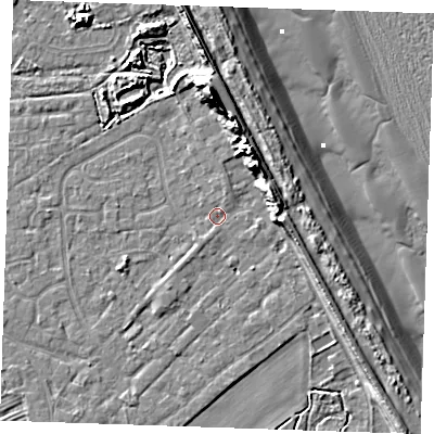 Shaded relief map of the ground around LN122RQ, computed from Environment Agency LiDAR. The ground here sits at about 2 m above sea level and falls 15 m across the surrounding 800 m. Surface water reaching this point runs off ground lying to the north-north-east, 8.3 m higher.