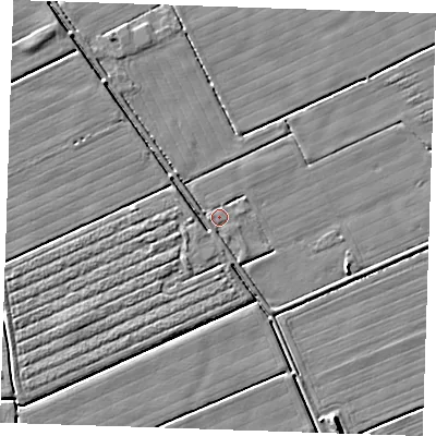 Shaded relief map of the ground around LN122RR, computed from Environment Agency LiDAR. The ground here sits at about 2 m above sea level and falls 5 m across the surrounding 800 m. Surface water reaching this point runs off ground lying to the south, 1.3 m higher.