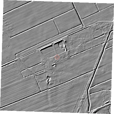 Shaded relief map of the ground around LN122RS, computed from Environment Agency LiDAR. The ground here sits at about 2 m above sea level and falls 4 m across the surrounding 800 m. Surface water reaching this point runs off ground lying to the south-west, 0.7 m higher.