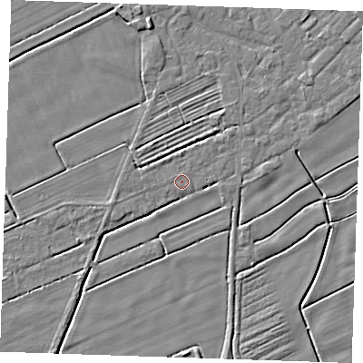 Shaded relief map of the ground around LN122RT, computed from Environment Agency LiDAR. The ground here sits at about 2 m above sea level and falls 3 m across the surrounding 800 m. Surface water reaching this point runs off ground lying to the north, 1.0 m higher.