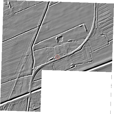 Shaded relief map of the ground around LN122RU, computed from Environment Agency LiDAR. The ground here sits at about 3 m above sea level and falls 4 m across the surrounding 800 m. Surface water reaching this point runs off ground lying to the west-south-west, 1.2 m higher.