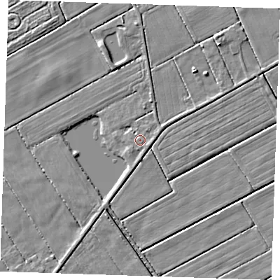 Shaded relief map of the ground around LN122RW, computed from Environment Agency LiDAR. The ground here sits at about 3 m above sea level and falls 4 m across the surrounding 800 m. Surface water reaching this point runs off ground lying to the south-east, 0.9 m higher.