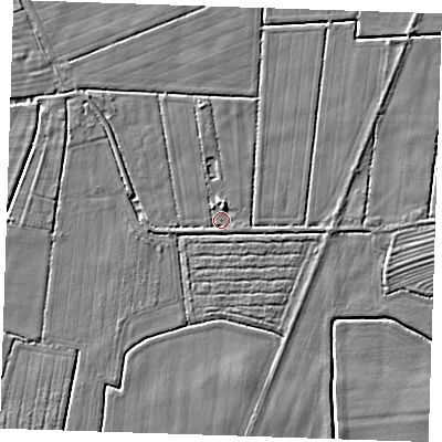 Shaded relief map of the ground around LN122RX, computed from Environment Agency LiDAR. The ground here sits at about 2 m above sea level and falls 4 m across the surrounding 800 m. Surface water reaching this point runs off ground lying to the north-north-west, 1.7 m higher.