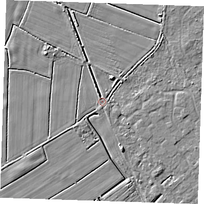 Shaded relief map of the ground around LN122RY, computed from Environment Agency LiDAR. The ground here sits at about 2 m above sea level and falls 5 m across the surrounding 800 m. Surface water reaching this point runs off ground lying to the north-north-west, 2.2 m higher.