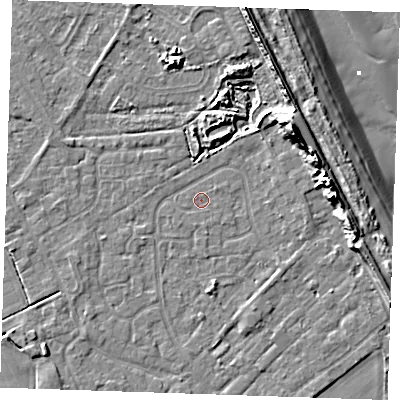 Shaded relief map of the ground around LN122RZ, computed from Environment Agency LiDAR. The ground here sits at about 2 m above sea level and falls 15 m across the surrounding 800 m. Surface water reaching this point runs off ground lying to the north-east, 11.7 m higher.