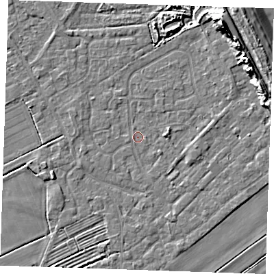 Shaded relief map of the ground around LN122SA, computed from Environment Agency LiDAR. The ground here sits at about 2 m above sea level and falls 13 m across the surrounding 800 m. Surface water reaching this point runs off ground lying to the east, 0.6 m higher.