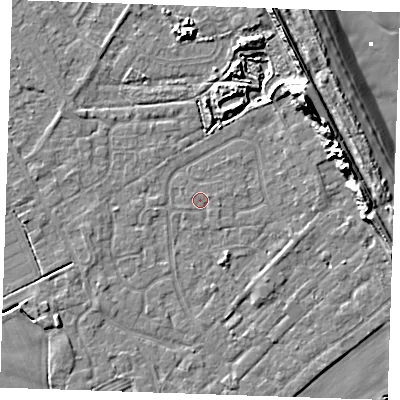 Shaded relief map of the ground around LN122SD, computed from Environment Agency LiDAR. The ground here sits at about 2 m above sea level and falls 15 m across the surrounding 800 m. Surface water reaching this point runs off ground lying to the north-east, 11.7 m higher.