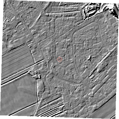 Shaded relief map of the ground around LN122SF, computed from Environment Agency LiDAR. The ground here sits at about 2 m above sea level and falls 13 m across the surrounding 800 m. Surface water reaching this point runs off ground lying to the west-north-west, 0.7 m higher.