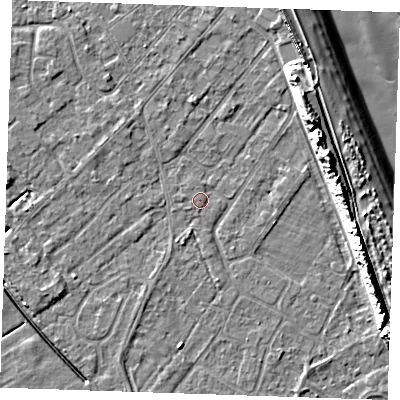 Shaded relief map of the ground around LN122SG, computed from Environment Agency LiDAR. The ground here sits at about 2 m above sea level and falls 13 m across the surrounding 800 m. Surface water reaching this point runs off ground lying to the north-east, 9.5 m higher.