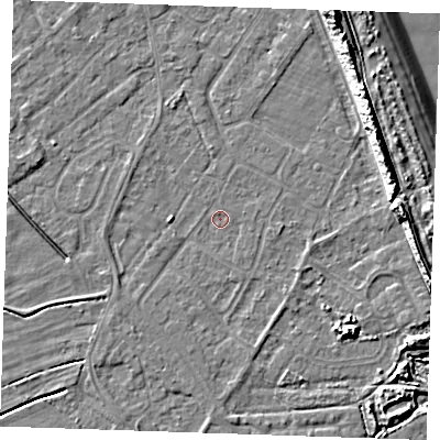 Shaded relief map of the ground around LN122SH, computed from Environment Agency LiDAR. The ground here sits at about 2 m above sea level and falls 11 m across the surrounding 800 m. Surface water reaching this point runs off ground lying to the south, 1.0 m higher.