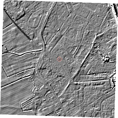 Shaded relief map of the ground around LN122SJ, computed from Environment Agency LiDAR. The ground here sits at about 2 m above sea level and falls 10 m across the surrounding 800 m. The ground contributing surface water to this point lies to the south-south-east.