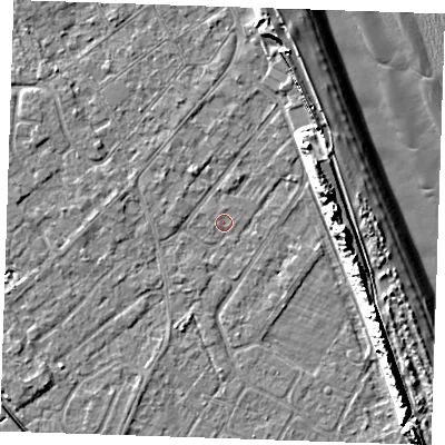 Shaded relief map of the ground around LN122SL, computed from Environment Agency LiDAR. The ground here sits at about 2 m above sea level and falls 13 m across the surrounding 800 m. Surface water reaching this point runs off ground lying to the south-west, 1.5 m higher.