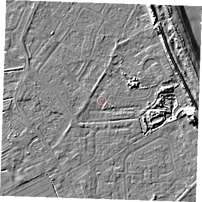 Shaded relief map of the ground around LN122SN, computed from Environment Agency LiDAR. The ground here sits at about 2 m above sea level and falls 14 m across the surrounding 800 m. Surface water reaching this point runs off ground lying to the north-east, 7.6 m higher.