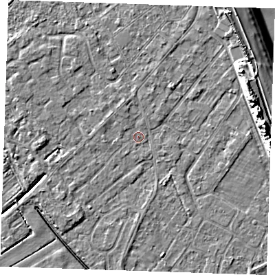 Shaded relief map of the ground around LN122SP, computed from Environment Agency LiDAR. The ground here sits at about 2 m above sea level and falls 11 m across the surrounding 800 m. Surface water reaching this point runs off ground lying to the south-west, 1.5 m higher.