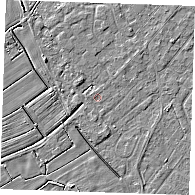 Shaded relief map of the ground around LN122SQ, computed from Environment Agency LiDAR. The ground here sits at about 2 m above sea level and falls 4 m across the surrounding 800 m. Surface water reaching this point runs off ground lying to the south, 0.9 m higher.