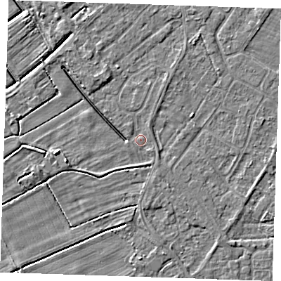 Shaded relief map of the ground around LN122SR, computed from Environment Agency LiDAR. The ground here sits at about 2 m above sea level and falls 4 m across the surrounding 800 m. Surface water reaching this point runs off ground lying to the north-north-east, 0.6 m higher.