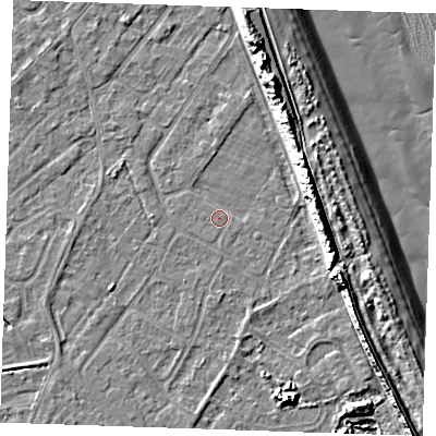 Shaded relief map of the ground around LN122SS, computed from Environment Agency LiDAR. The ground here sits at about 2 m above sea level and falls 13 m across the surrounding 800 m. Surface water reaching this point runs off ground lying to the east, 8.9 m higher.