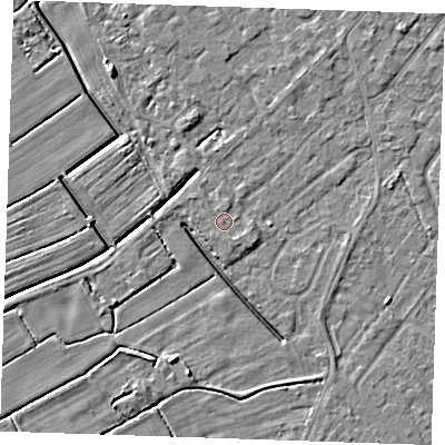 Shaded relief map of the ground around LN122ST, computed from Environment Agency LiDAR. The ground here sits at about 3 m above sea level and falls 4 m across the surrounding 800 m. The ground contributing surface water to this point lies to the west-south-west.