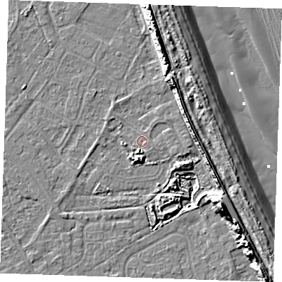 Shaded relief map of the ground around LN122SU, computed from Environment Agency LiDAR. The ground here sits at about 2 m above sea level and falls 15 m across the surrounding 800 m. Surface water reaching this point runs off ground lying to the east, 1.1 m higher.